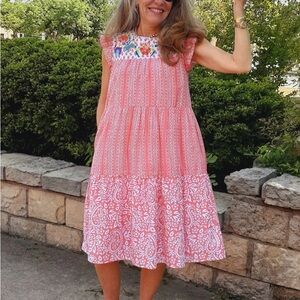 Sister Mary Sara Tiered Pink Print Embroidered Yoke Cap Sleeve Cotton Dress